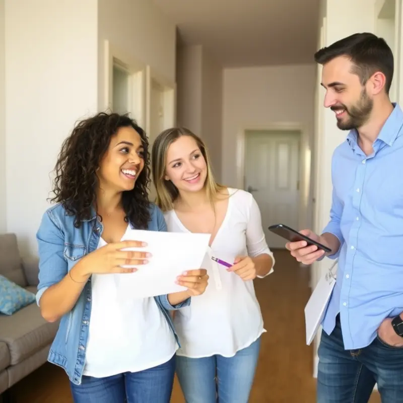 Couple exploring their future apartment together with a checklist.