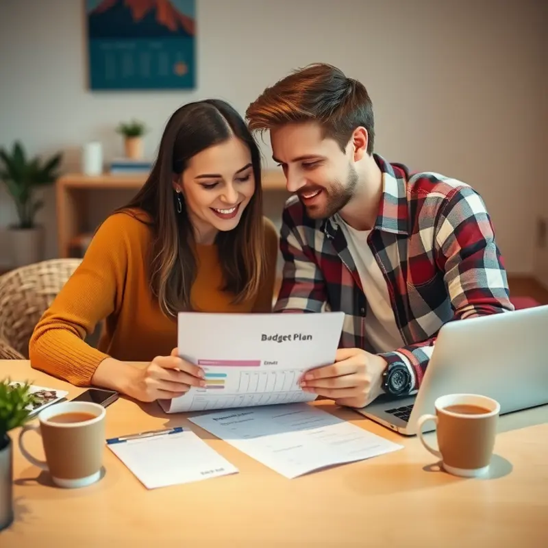 Young couple collaborating on a budget for their apartment rental expenses.