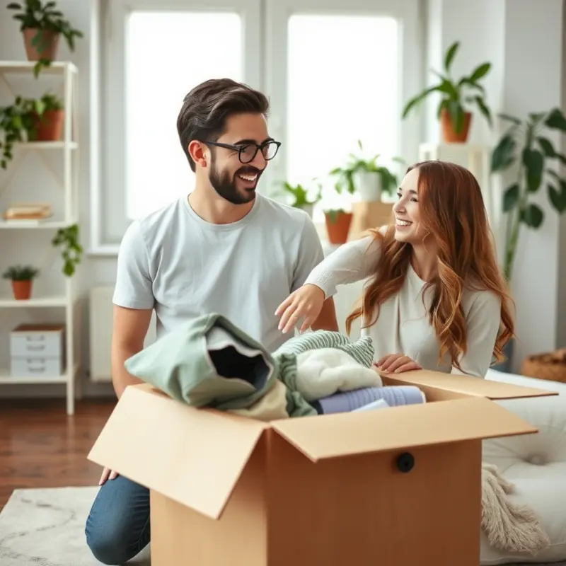 A young couple enjoys the process of decluttering, achieving a minimalist living space.