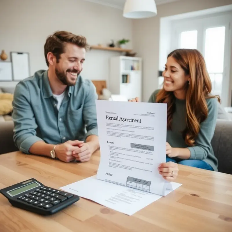 A young couple discussing their rental agreement and security deposit details in their new home.