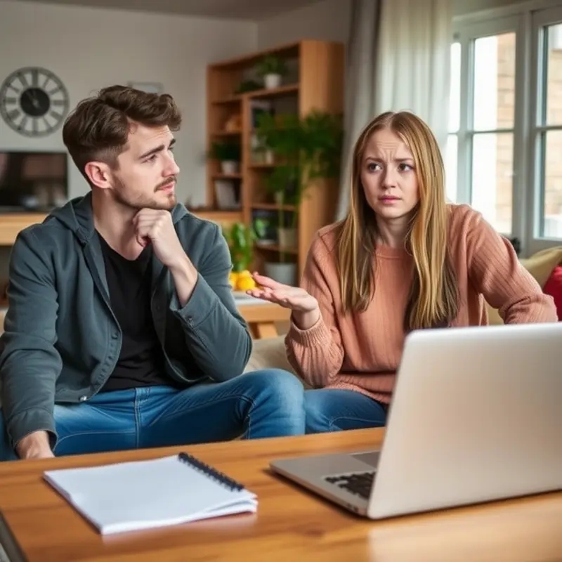 Young couple discussing landlord harassment in their living space.