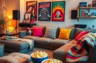 A couple cuddling on a couch, enjoying a movie night with popcorn and blankets in a cozy apartment.