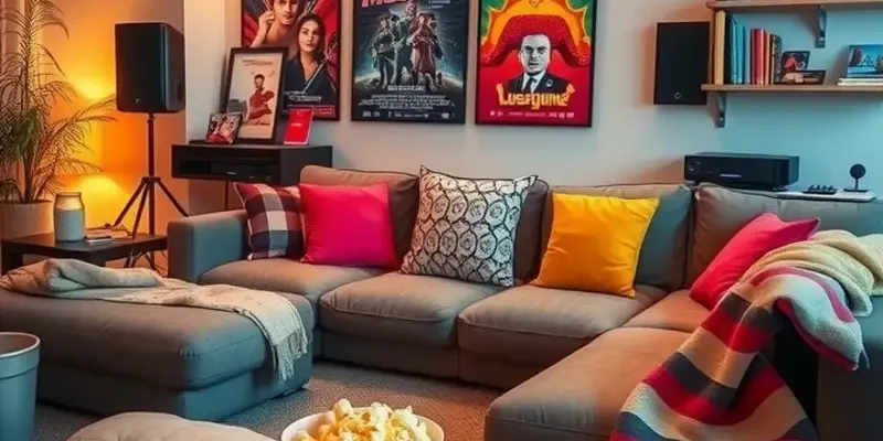 A couple cuddling on a couch, enjoying a movie night with popcorn and blankets in a cozy apartment.