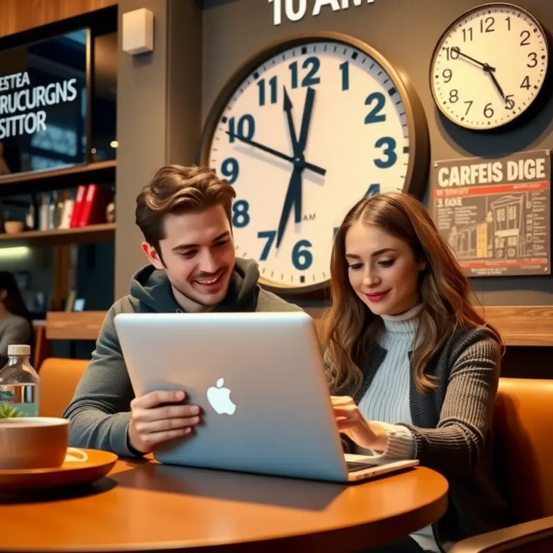 Couple synchronizing their apartment hunt plans over coffee.