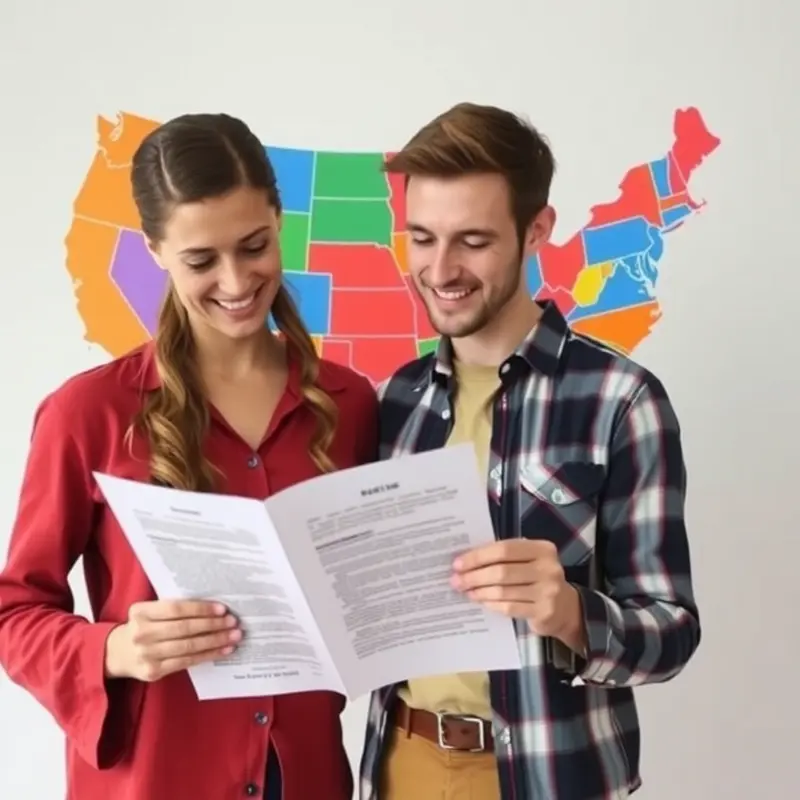 Couple exploring rental agreements amid a colorful map of the U.S.