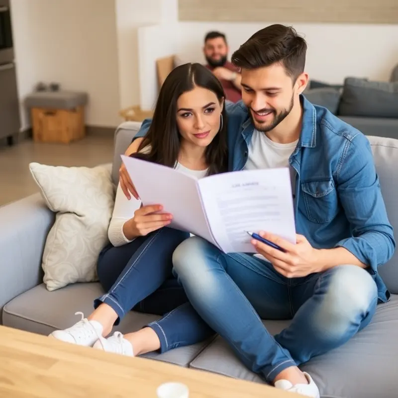 Young renters reviewing their lease for information on property entry rights.