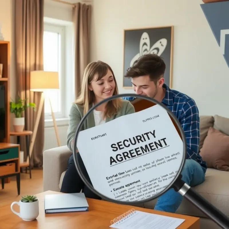Young couple examining their lease for security deposit terms.