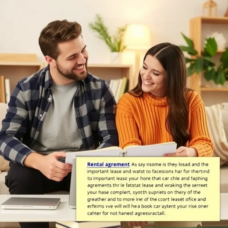 A couple analyzing a rental agreement, ensuring they understand their financial responsibilities.