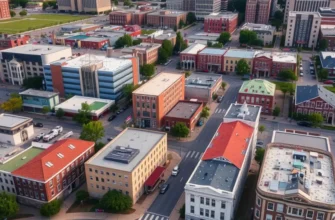 A bustling street in Columbus, Ohio, showing cafes and shops with people enjoying their day.