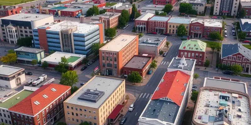 A bustling street in Columbus, Ohio, showing cafes and shops with people enjoying their day.