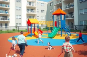 A vibrant apartment community featuring happy families and pets at a safe playground.