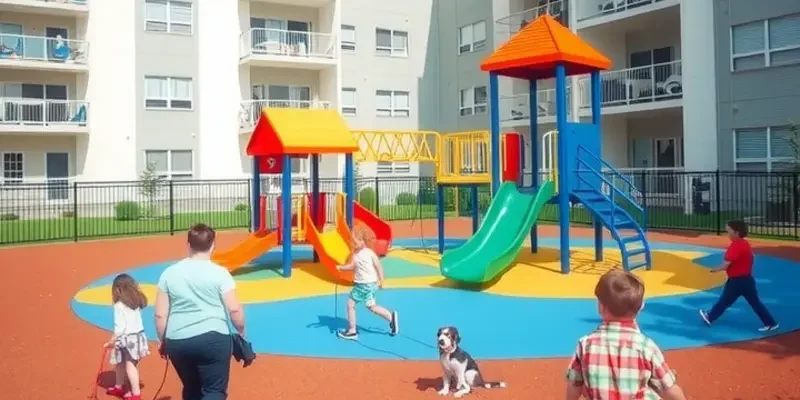 A vibrant apartment community featuring happy families and pets at a safe playground.