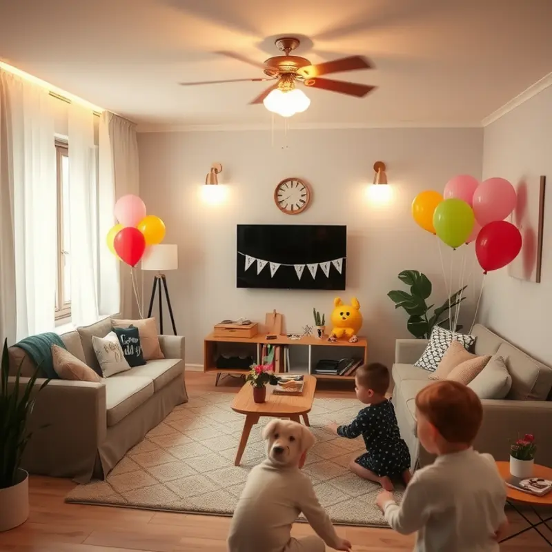 A decorated apartment for a family gathering, showcasing a warm and inviting atmosphere.