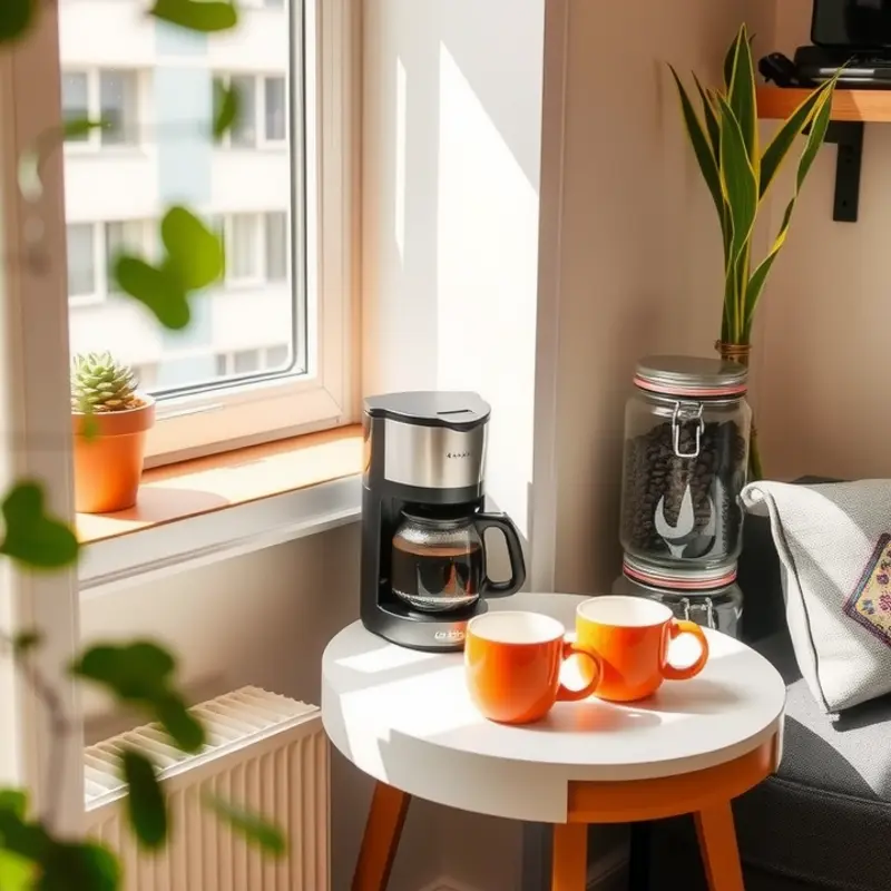 A stylish coffee nook in an apartment, showcasing creative organization and personal touches.