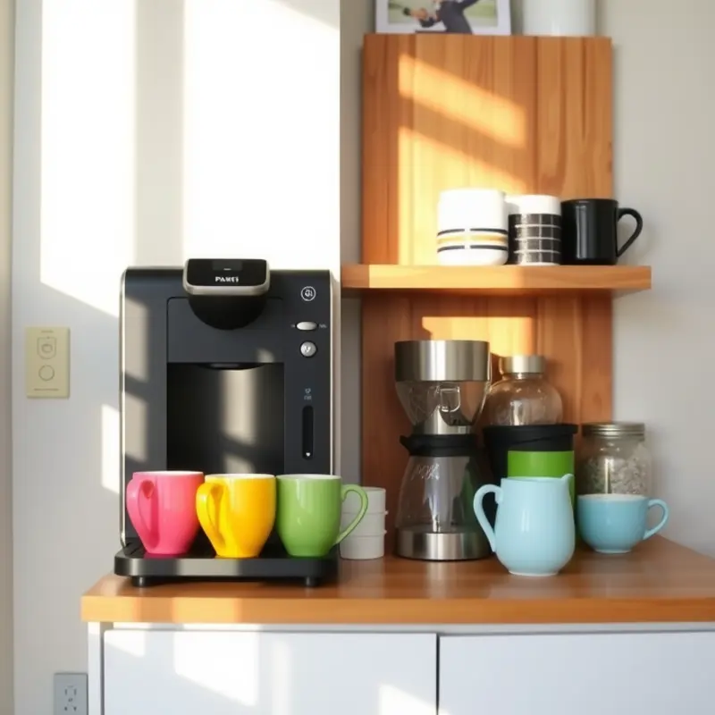 A cozy coffee station perfect for small apartments with a neat organization of coffee essentials.