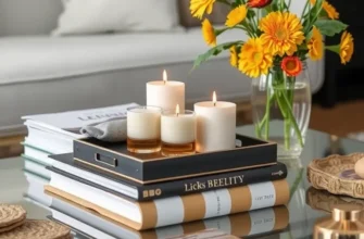 A well-decorated coffee table in an apartment, showcasing a mix of books, candles, and personal decor.