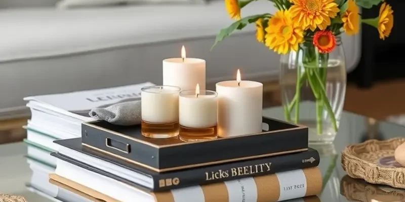 A well-decorated coffee table in an apartment, showcasing a mix of books, candles, and personal decor.
