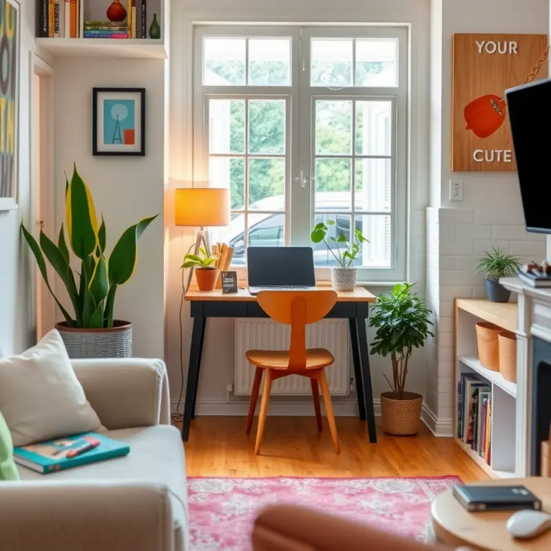A vibrant workspace in a small apartment featuring stylish desk chairs.