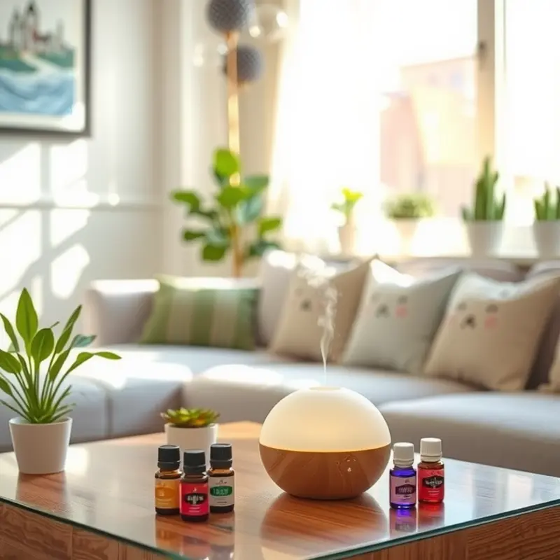 A cozy living space enhanced with a stylish diffuser and colorful essential oils.