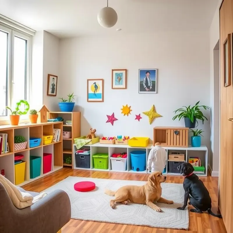 A vibrant play area in a family apartment, balance is key.