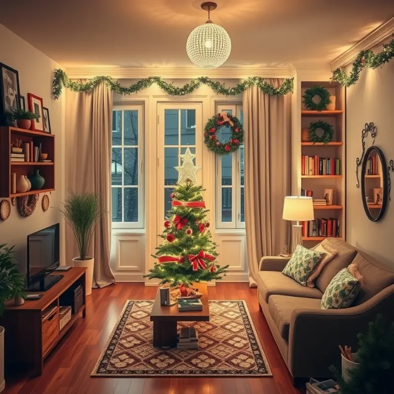 A festive and cozy apartment living room, perfect for holiday gatherings.