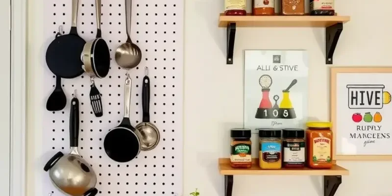 A well-organized apartment kitchen showing various smart storage methods for cooking supplies and utensils.