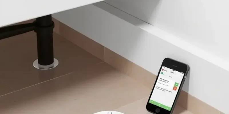 A comfortable apartment interior with visible leak detection devices