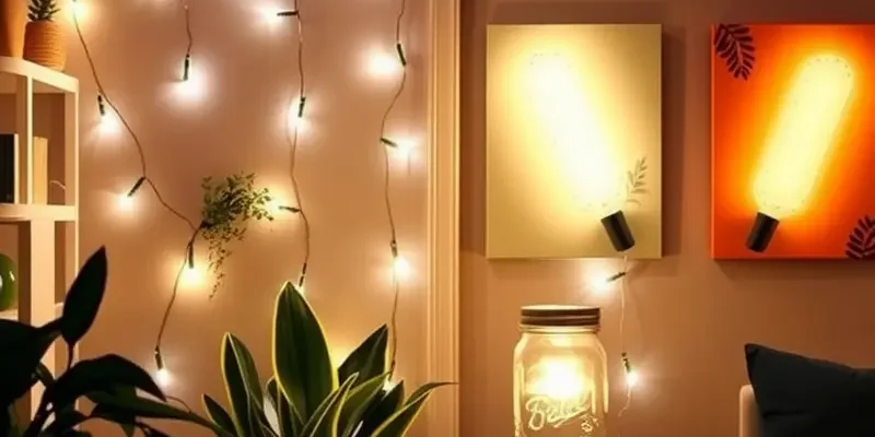Bright and welcoming apartment with various lighting options, including string lights.