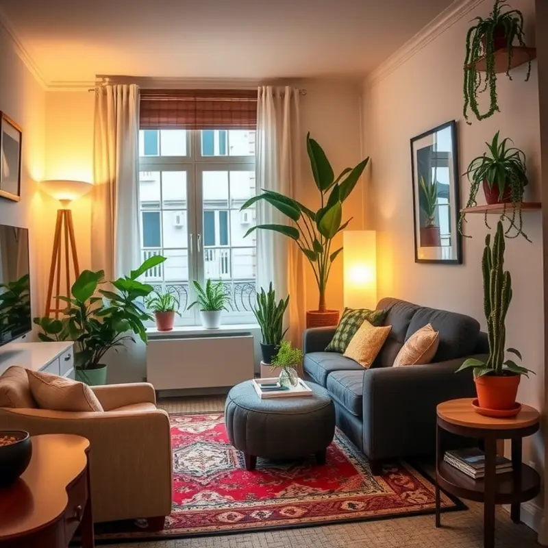 A cozy living room setup showcasing stylish decor and warm lighting.