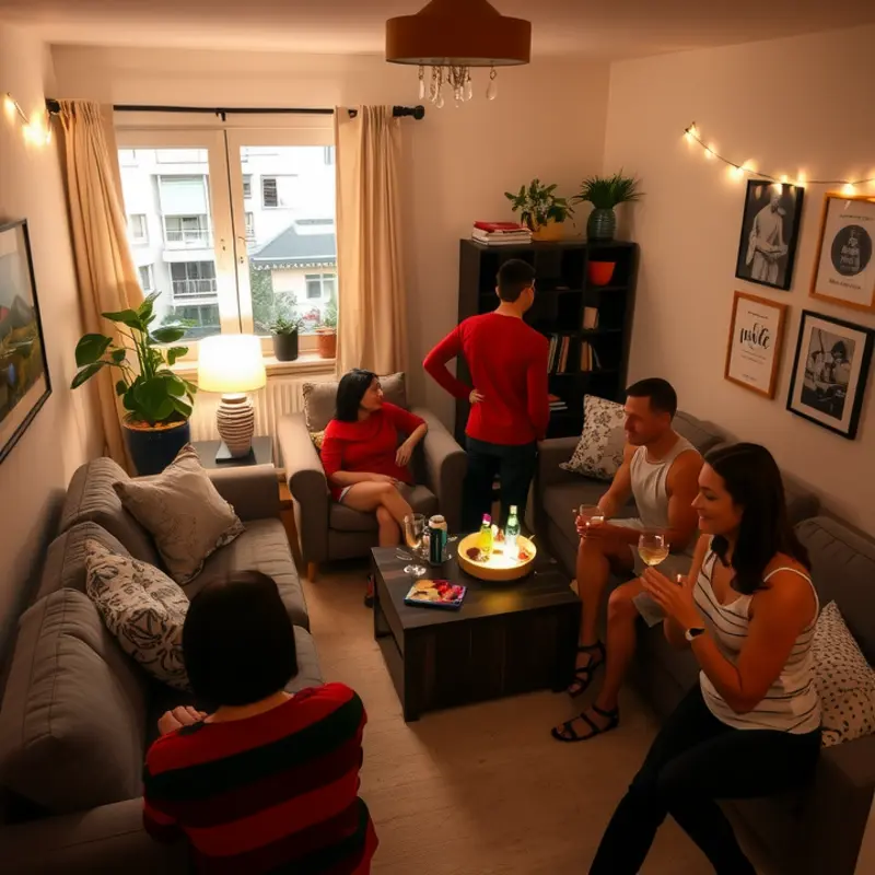 A cozy apartment setup perfect for gatherings, showcasing how to make the most of small spaces.