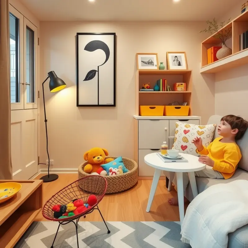 A harmonious small apartment designed for families with pets and children, showcasing thoughtful organization.