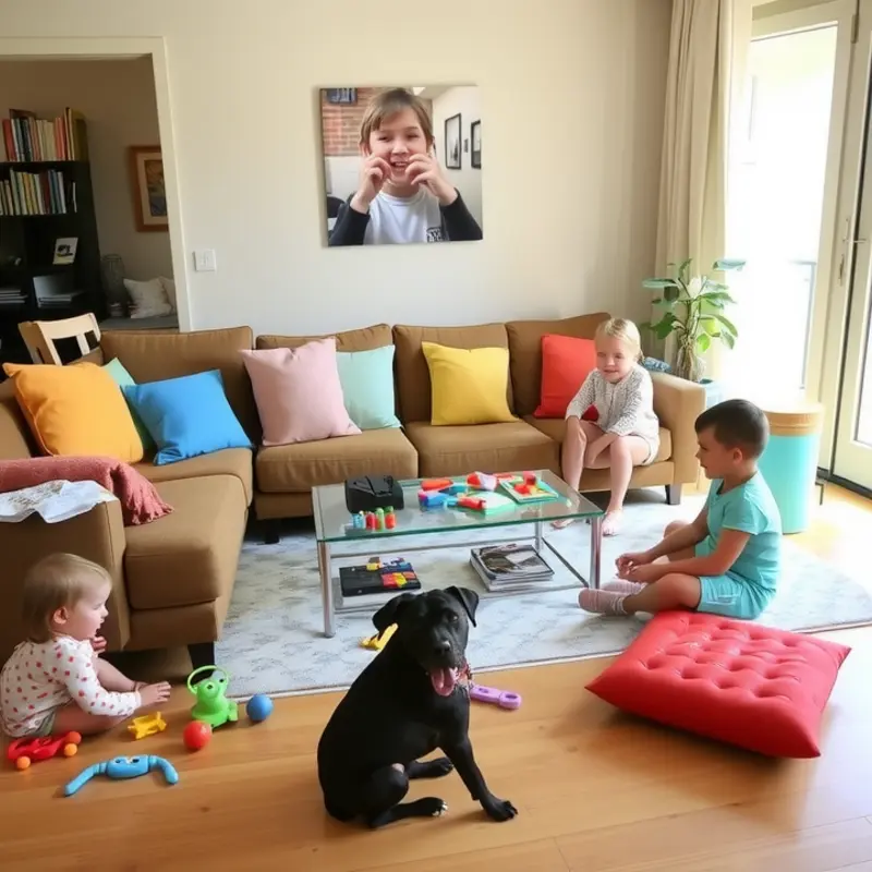 A vibrant apartment set for a joyful playdate with children and pets.