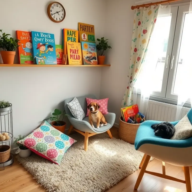 A bright and inviting reading nook perfect for kids and pets.