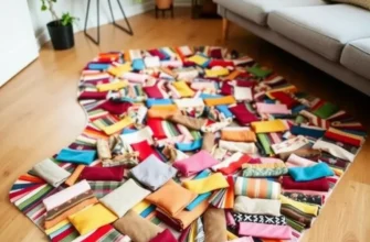 A comfortable living room decorated with different DIY rugs, plants, and creative decor.
