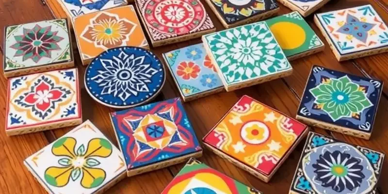 A cozy apartment with a coffee table adorned with handmade coasters in a warm and inviting setting.