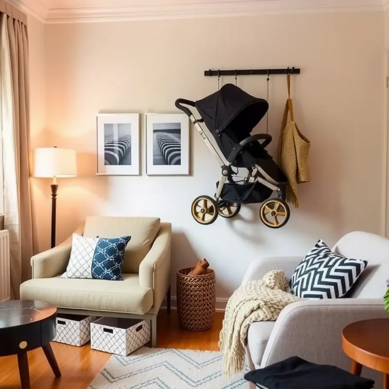 Innovative stroller storage in a comfortable apartment setting.