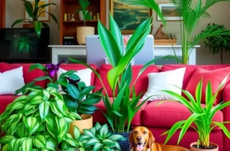 An inviting apartment with colorful pet-safe plants surrounding a happy family with pets, creating a warm living space.