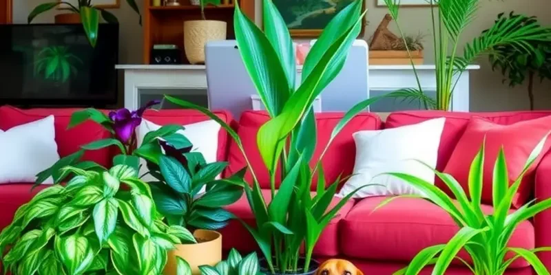 An inviting apartment with colorful pet-safe plants surrounding a happy family with pets, creating a warm living space.