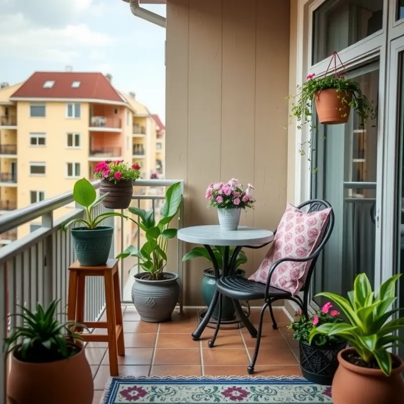 A cozy balcony setup with bistro furniture and plants.