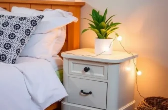 A cozy bedroom showcasing a thrifted and a DIY nightstand, with warm lighting.