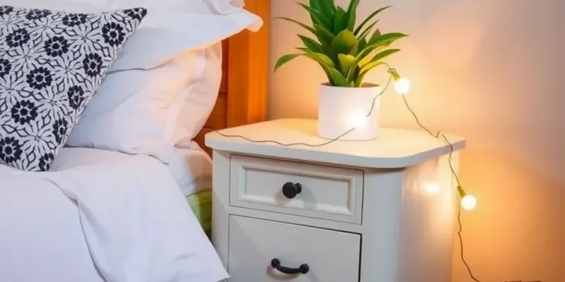 A cozy bedroom showcasing a thrifted and a DIY nightstand, with warm lighting.