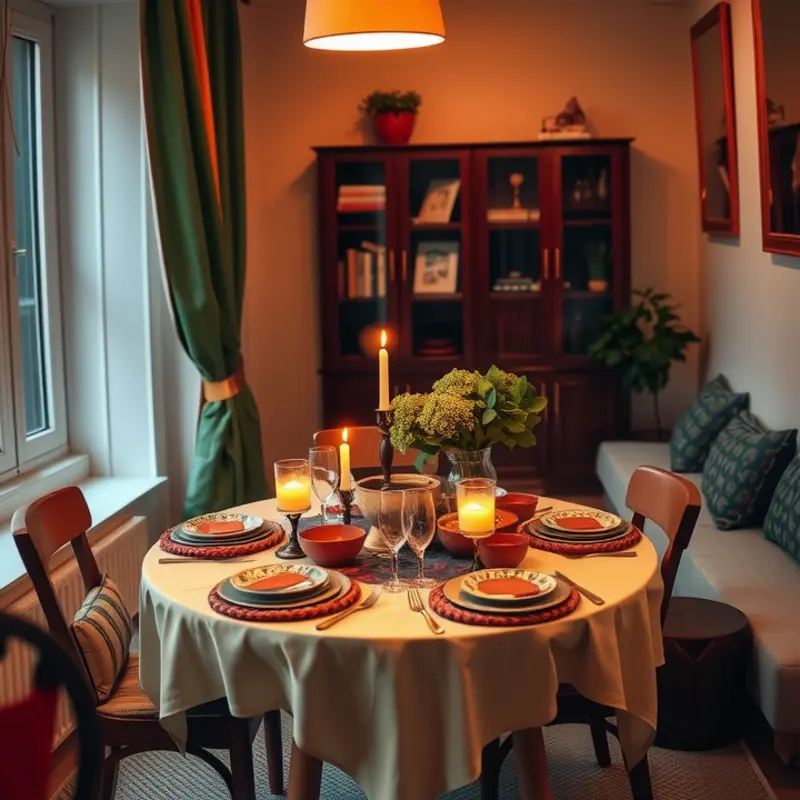 A cozy dining setup perfect for a small apartment dinner party.