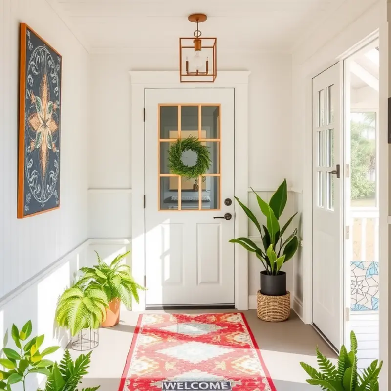 An inviting entryway with multifunctional storage and decorative elements.