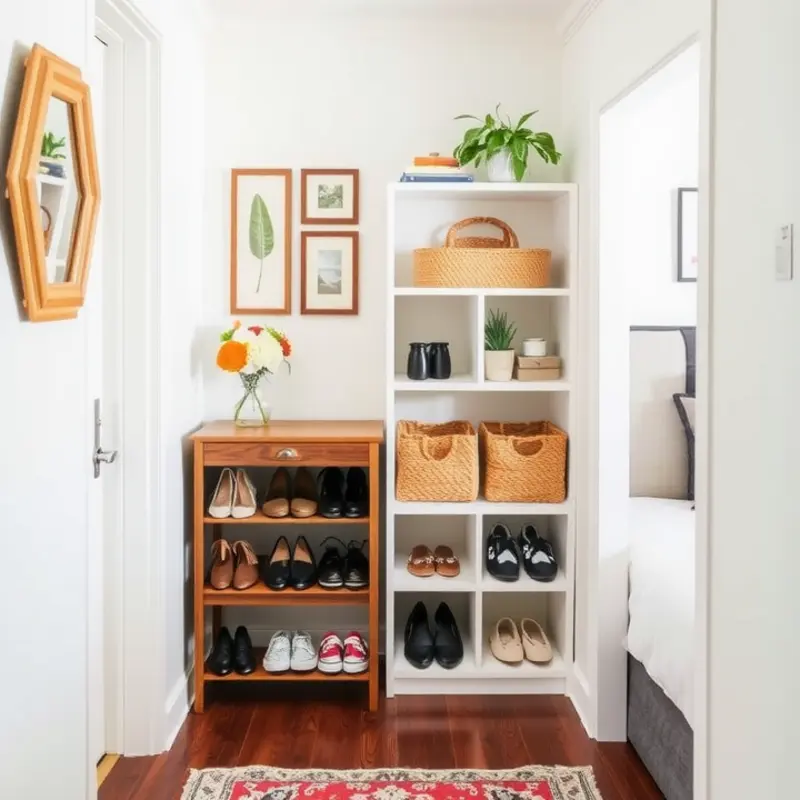 Cozy entryway with smart shoe storage solutions.