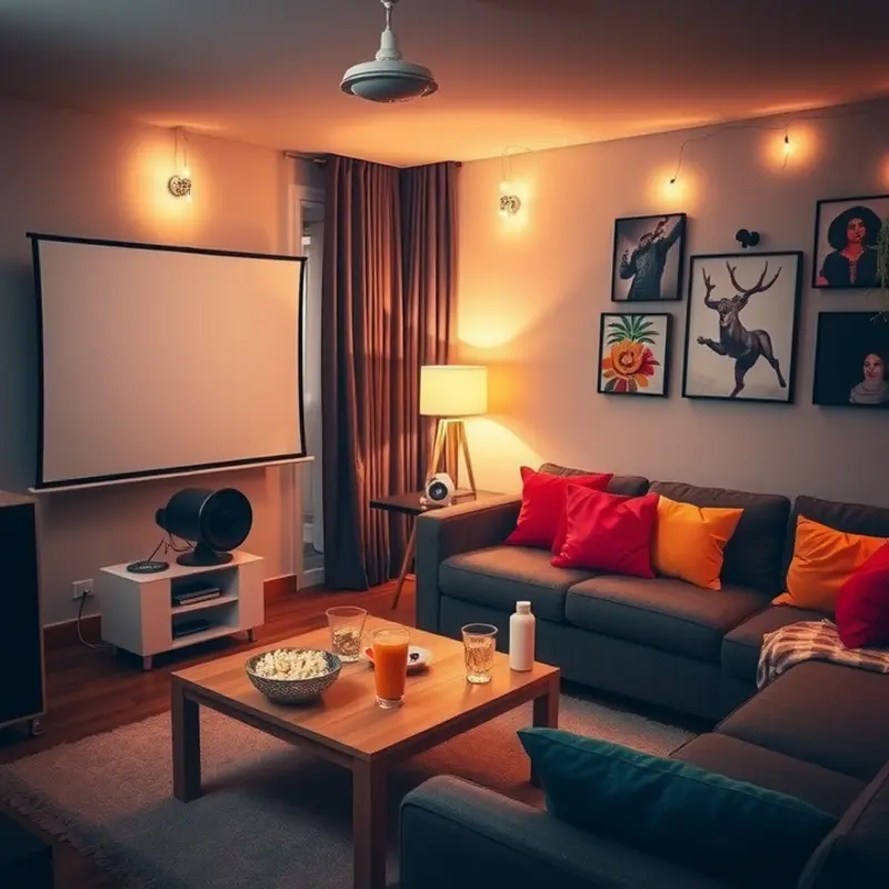 An inviting apartment living room set up for a cozy movie night.