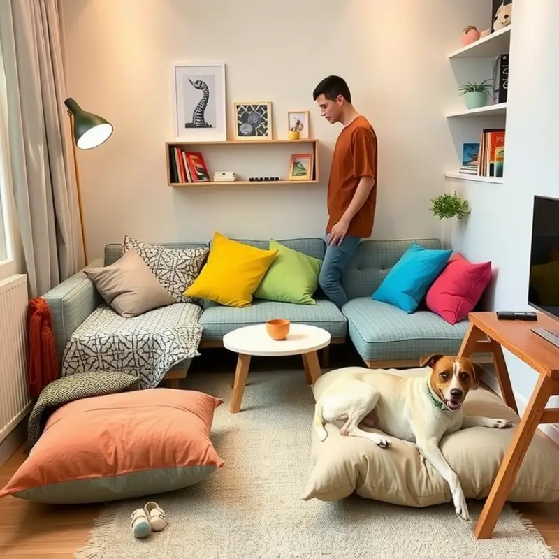 An organized apartment living space designed for both kids and pets.