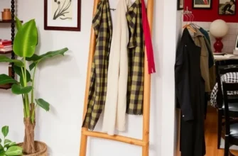 A warm and inviting living room with a DIY coat rack and eclectic decor.