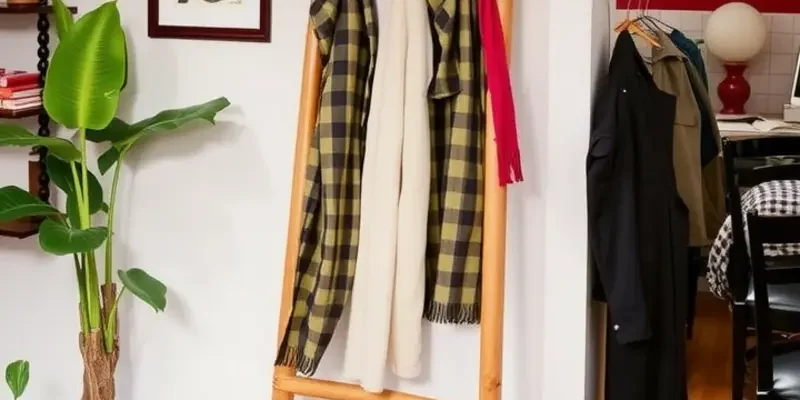 A warm and inviting living room with a DIY coat rack and eclectic decor.