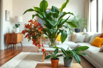 A cozy living room featuring multiple DIY plant stands adorned with thriving houseplants.