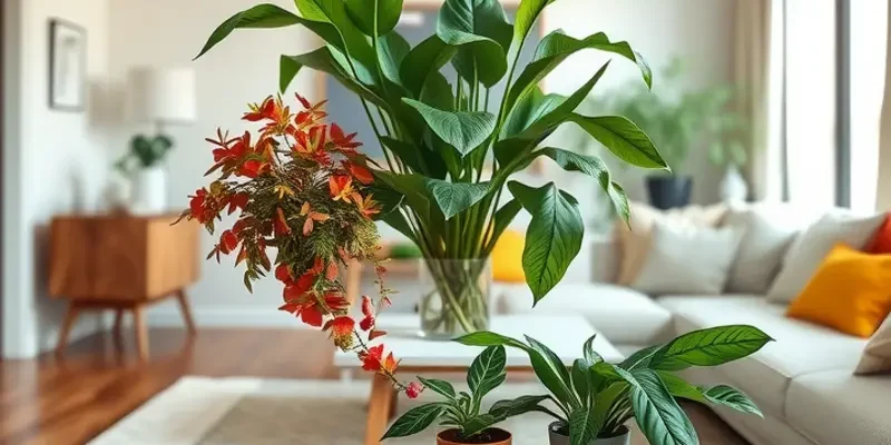 A cozy living room featuring multiple DIY plant stands adorned with thriving houseplants.